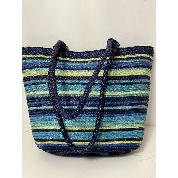Faded Glory Wheat Straw Multi Striped Tote/Shoulder/Beach Bag NWOT - Picture 2 of 5